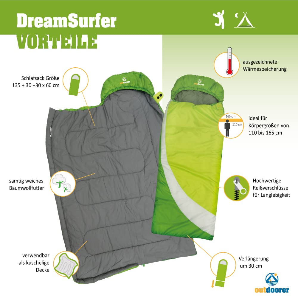 outdoorer Śpiwór dziecięcy DreamSurfer wraz z dzieckiem – śpiwór dla dzieci i młodzieży w kolorze niebieskim lub różowym (zielony/biały)
