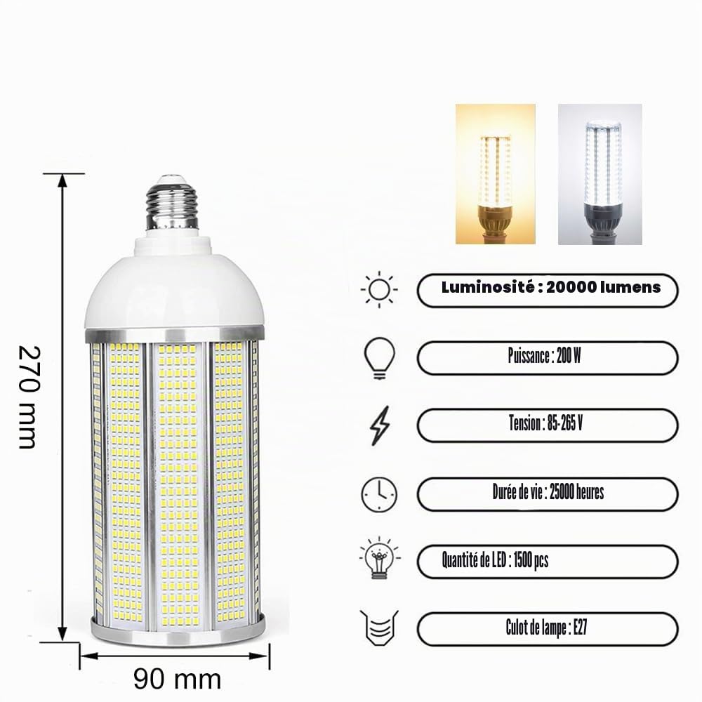 Ampoules LED E27, 200W LED Ampoule de Maïs E27/E40 800W Équivalent Ampoules à Incandescence, 20000Lumen ultra-lumineux, 6000K Blanc Froid, pour Entrepôt Atelier Garage (Blanc Froid-6000K, 200W)