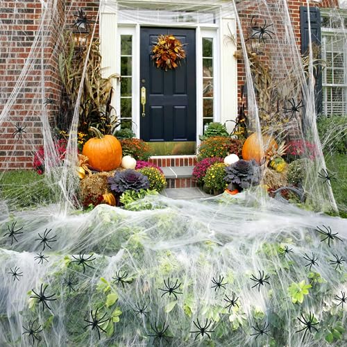 Decorazione per Halloween, 200 g, per Halloween, ragnatela estensibile, con 40 pezzi, in plastica realistica, per Halloween, feste, giardino, casa infestata