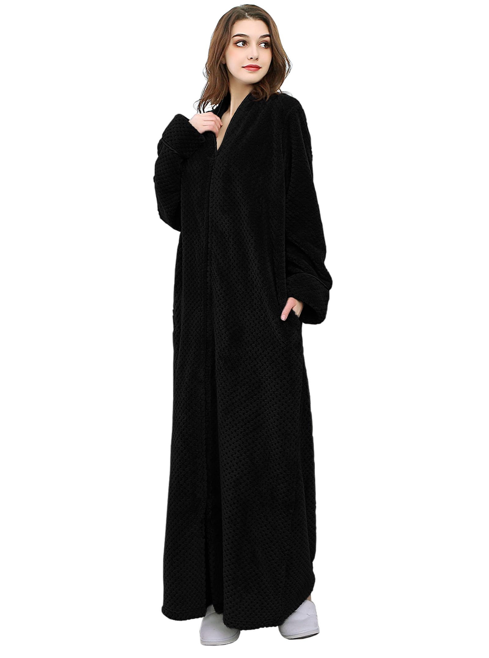 Artfasion Womens Fleece Robe Plush Long Zip Front Bathrobe with Pockets