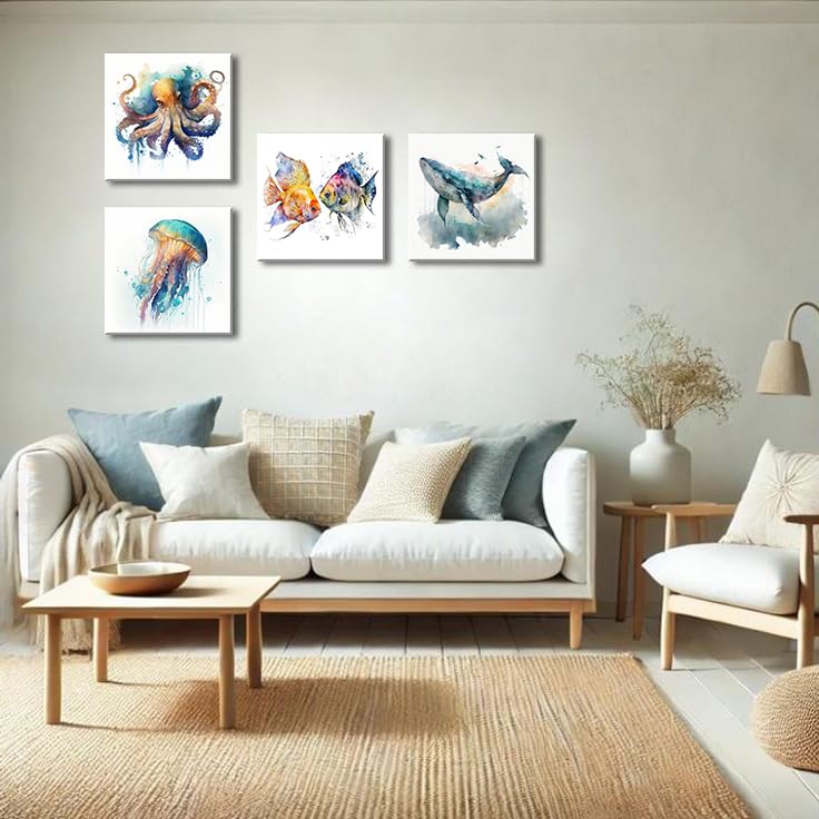 Image of Colorful Marine Life Canvas Wall Art for Bathroom Decor, Green Jellyfish Picture Print, Watercolor Fish Artwork Sea Life Blue Orange Octopus Painting Poster for Bedroom Living Room Decoration 12 inchx12 inch