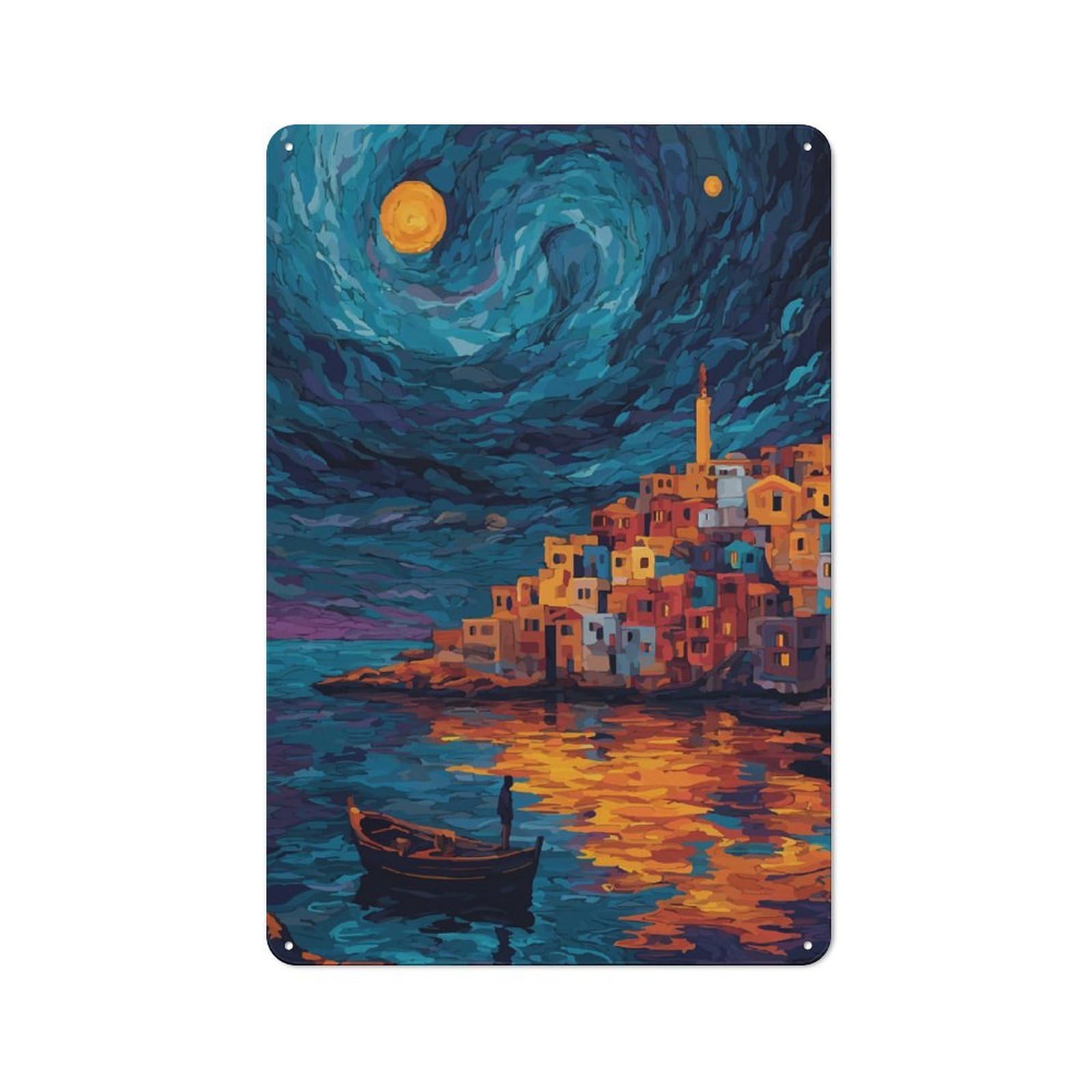Junmoney Coastal Town At Night With Boat Rustic Metal Plaque 30X20cm For Hobby Room Or Studio, For Creative Interior Collectors