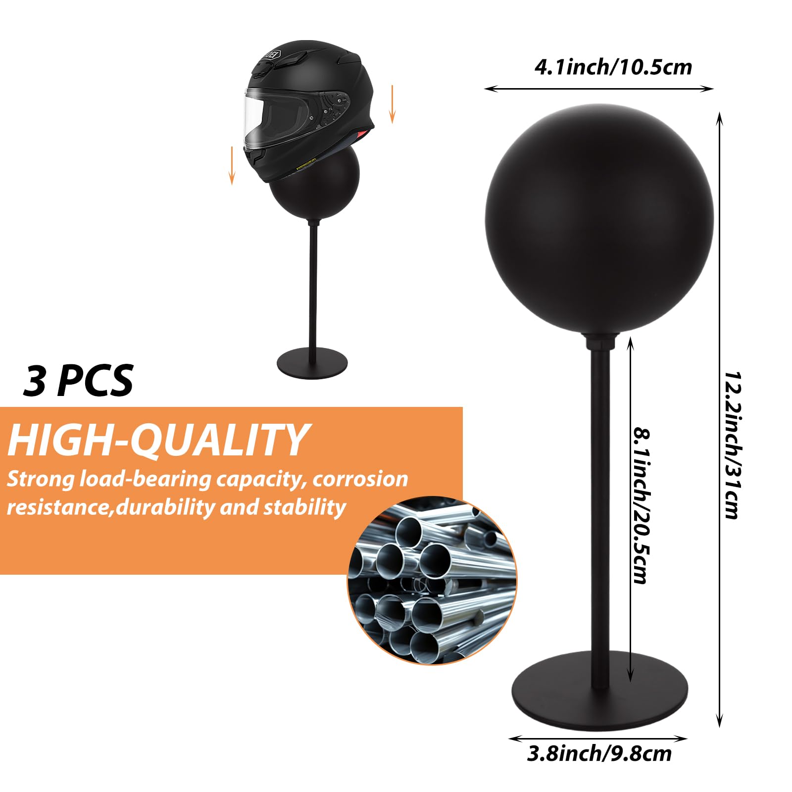 LOPYXBR 3 PCS Metal Helmet Stand Display Desktop Motorcycle Helmet Holder Rotation Hat Display Stand Black Helmet Rack for Motorcycle Helmet, Caps,Hat, and Rugby Helmet