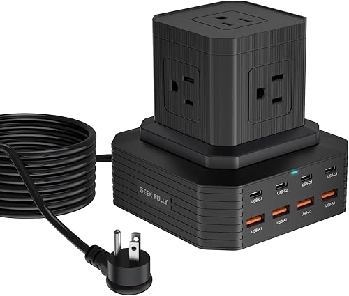 Miniatura 1 de GEEK FULLY Regleta de alimentación con protector de sobretensiones, estación de carga de escritorio, cable de extensión de 6.6 pies con 5 salidas de