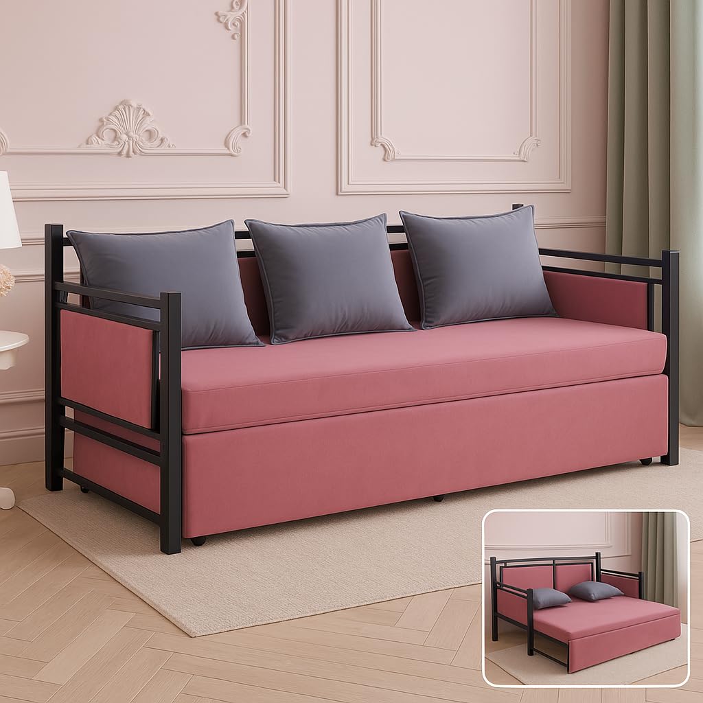 Spacecrafts® Folding Diwan Sofa Cum Bed with 3 Pillow | Metal | PU Foam | for Bed Room & Living Room|Comfort for All with 3 Seater (Red) Spacecrafts® Folding Diwan Sofa Cum Bed with 3 Pillow | Metal | PU Foam | for Bed Room & Living Room|Comfort for All with 3 Seater (Red)
