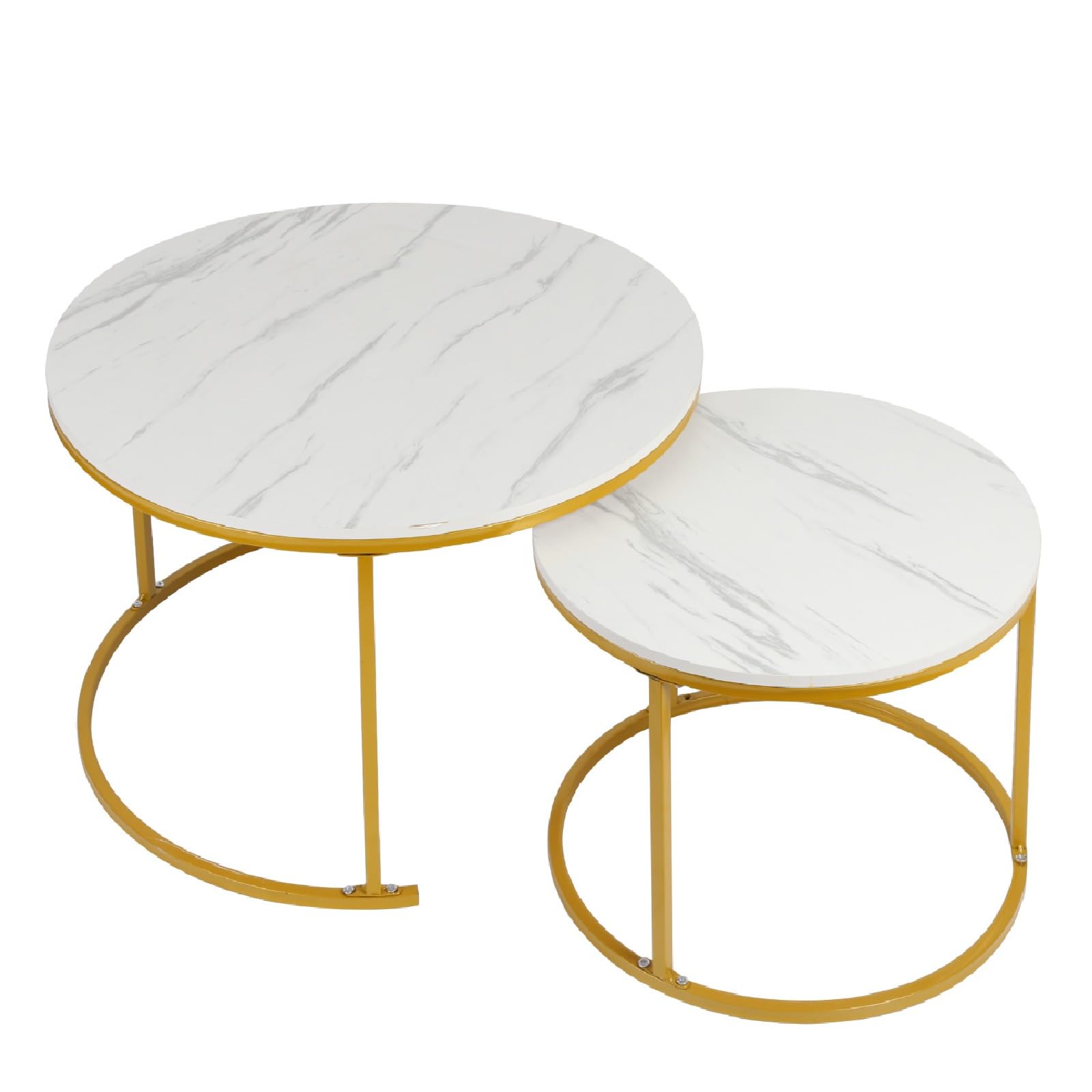 OHMG Set di 2 tavolino da salotto effetto marmo, tavolino per soggiorno, diametro 70 + 50 cm, grandi tavoli estraibili rotondi, aspetto marmo e struttura in acciaio dorato (bianco+oro-70 x 70 x 45 cm)