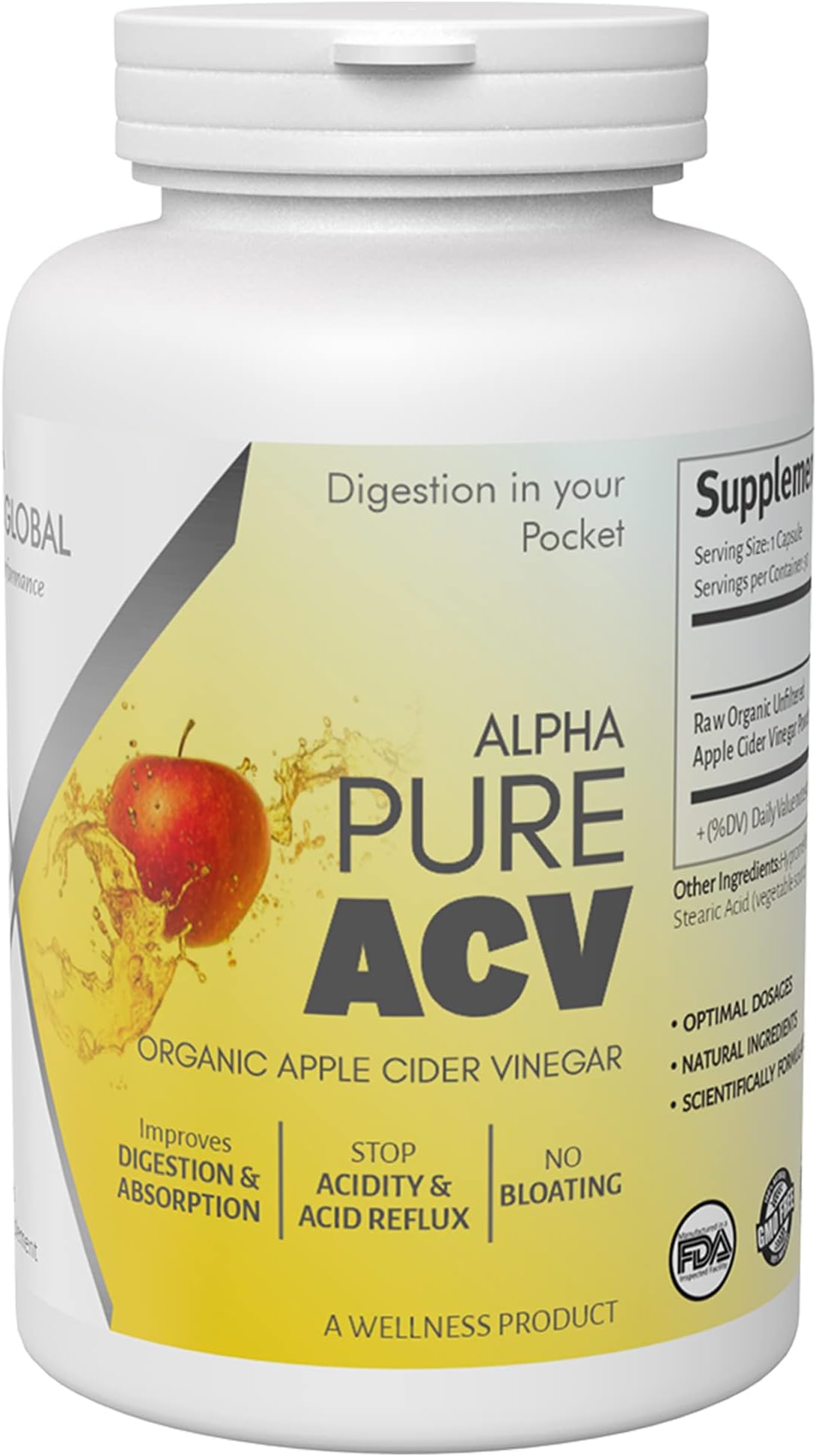 Alpha Mind GlobalPure Acv 100% Organic Raw Apple Cider Vinegar Natural Detox Gut Cleanse,Healthy Digestion,No Bloating,Tasteless&Easy To Swallow Supplement For Weight Management 30 Capsules