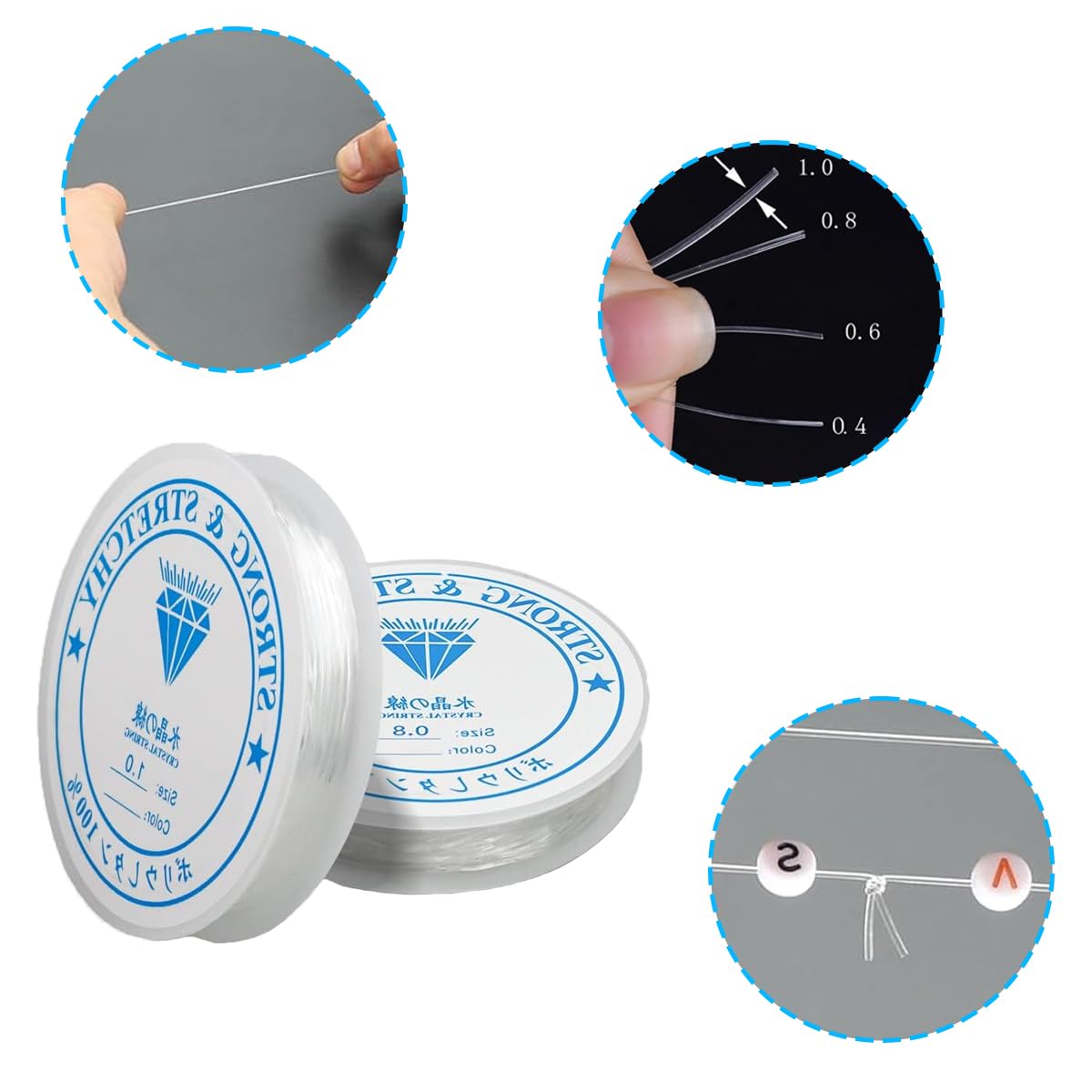 Hilo Elástico Transparente Pulseras - 4 Rollos (0.4-1.0mm) + Agujas