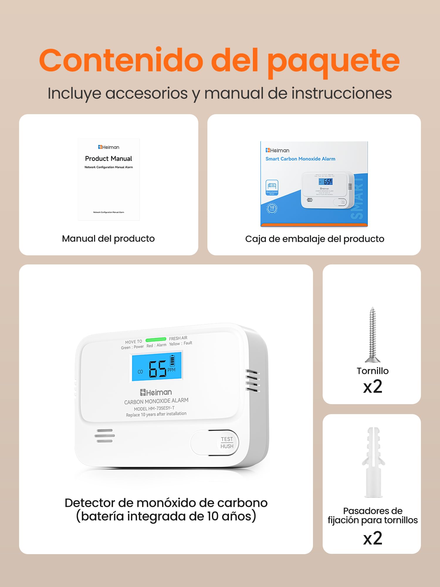 HEIMAN Detector de monóxido de carbono CO con pantalla LCD digital, vida útil, monóxido de carbono, certificado BSI