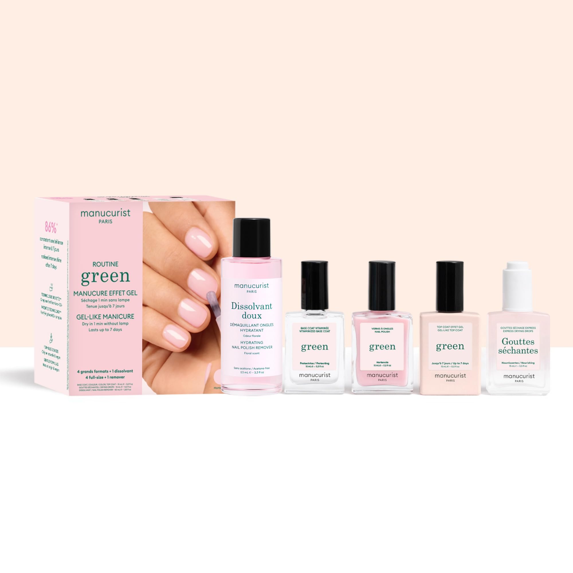 Manucurist Green™ Rose Routin (Hortencia) - Profesjonalny zestaw do manicure'u wegańskiego: 1 odtłuszczacz, 1 lakier do paznokci Hortencia, 1 lakier do paznokci, suche