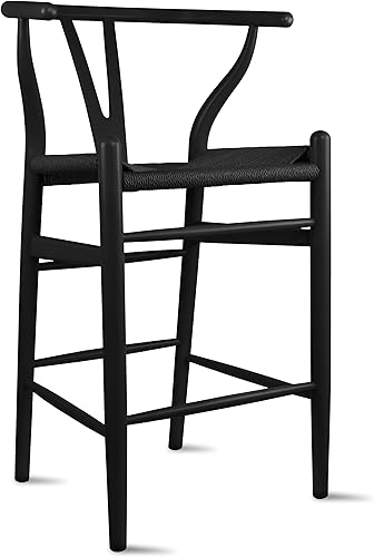 Miniatura 6 de 2xhome Wishbone Taburete de bar de madera maciza con respaldo en Y abierto, sillas de oficina de comedor con asiento negro tejido (negro)