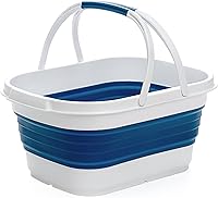 Vista 1 de SAMMART Collapsible Basket with Handle, 13L (3.4 Gallon), TPE & PP, White/Stone Blue, Modern Design