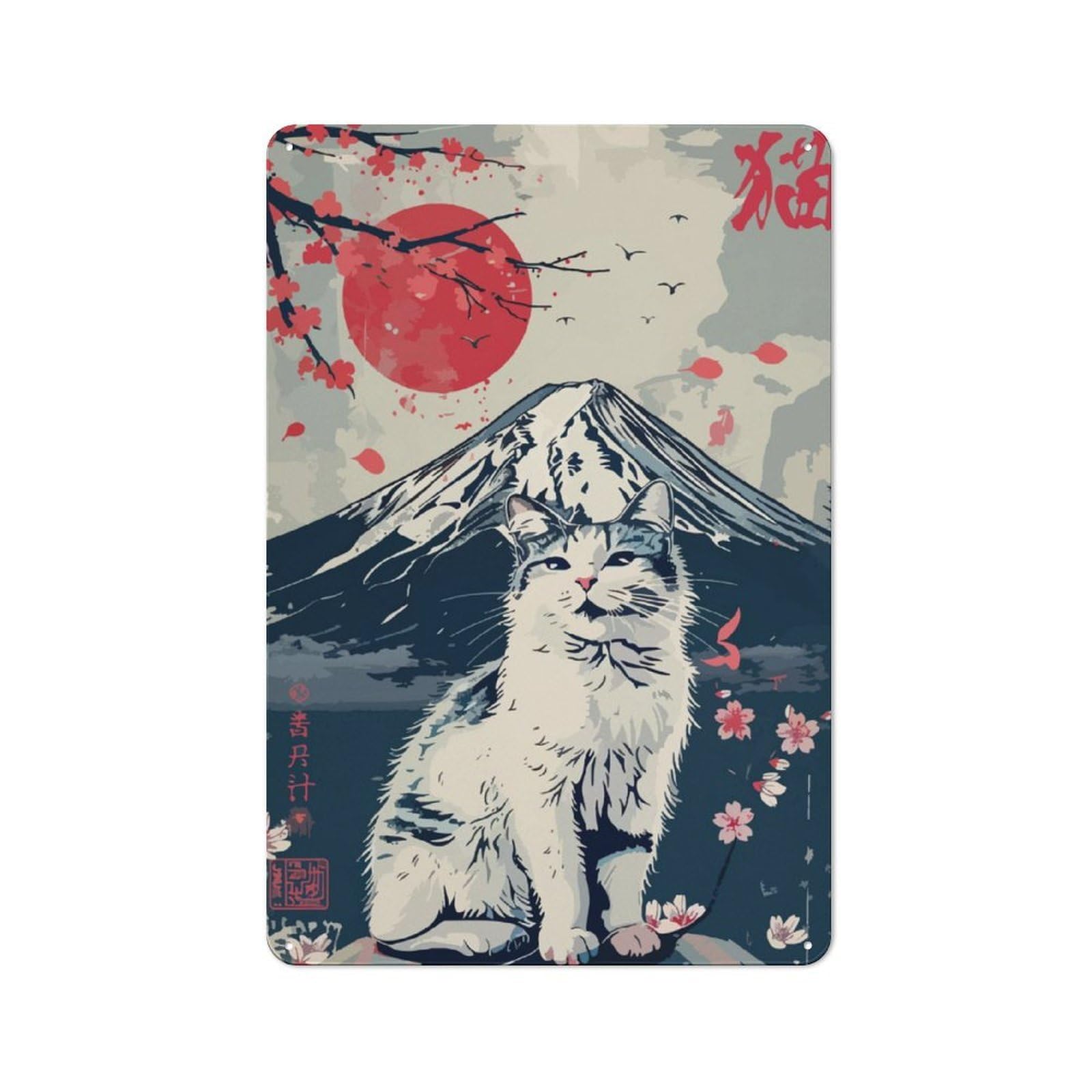 Junmoney Japanese Nature Kawaii Cat Rustic Tin Sign 30X20cm For Man Cave Or Games Room, Housewarming Present For People Styling Man Cave And Games Room