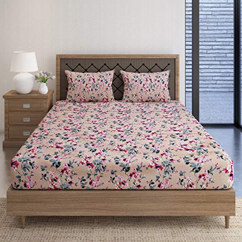Image of Swayam Pure Cotton Double Bedsheet with 2 Pillow Covers | Size 90 x 100 inch | 160 TC | Floral Design | Soft Breathable Bed Sheet | Comfortable & Durable for Bedroom - Beige