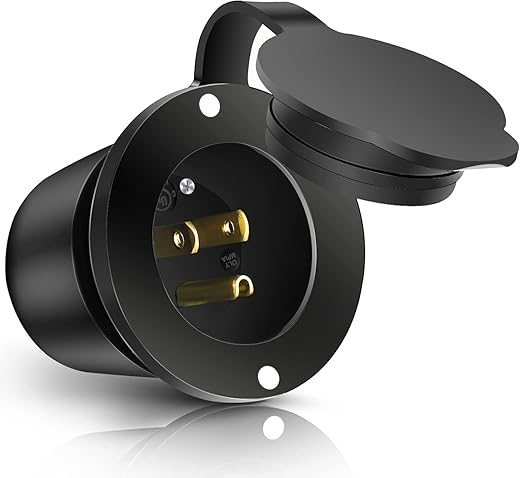 WAWETA 15 Amp Flanged Inlet 125V, Shore Power Inlet with Waterproof Cover, NEMA 5-15 AC Port Plug 2 Pole 3-Wire Generator Male Receptacle for Marine Boat RV Shed Electrical Extension