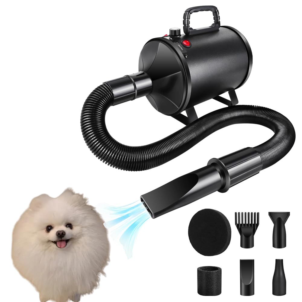 Qimu Hundefön Blower haartrockner Sehr Leise Blower Hundefön Einstellbare Geschwindigkeit Gebläse mit 4 Düsen Pet Dryer Grooming Fön für Haustiere Haustier Hundepflege Trockner Hundetrockner für Hunde