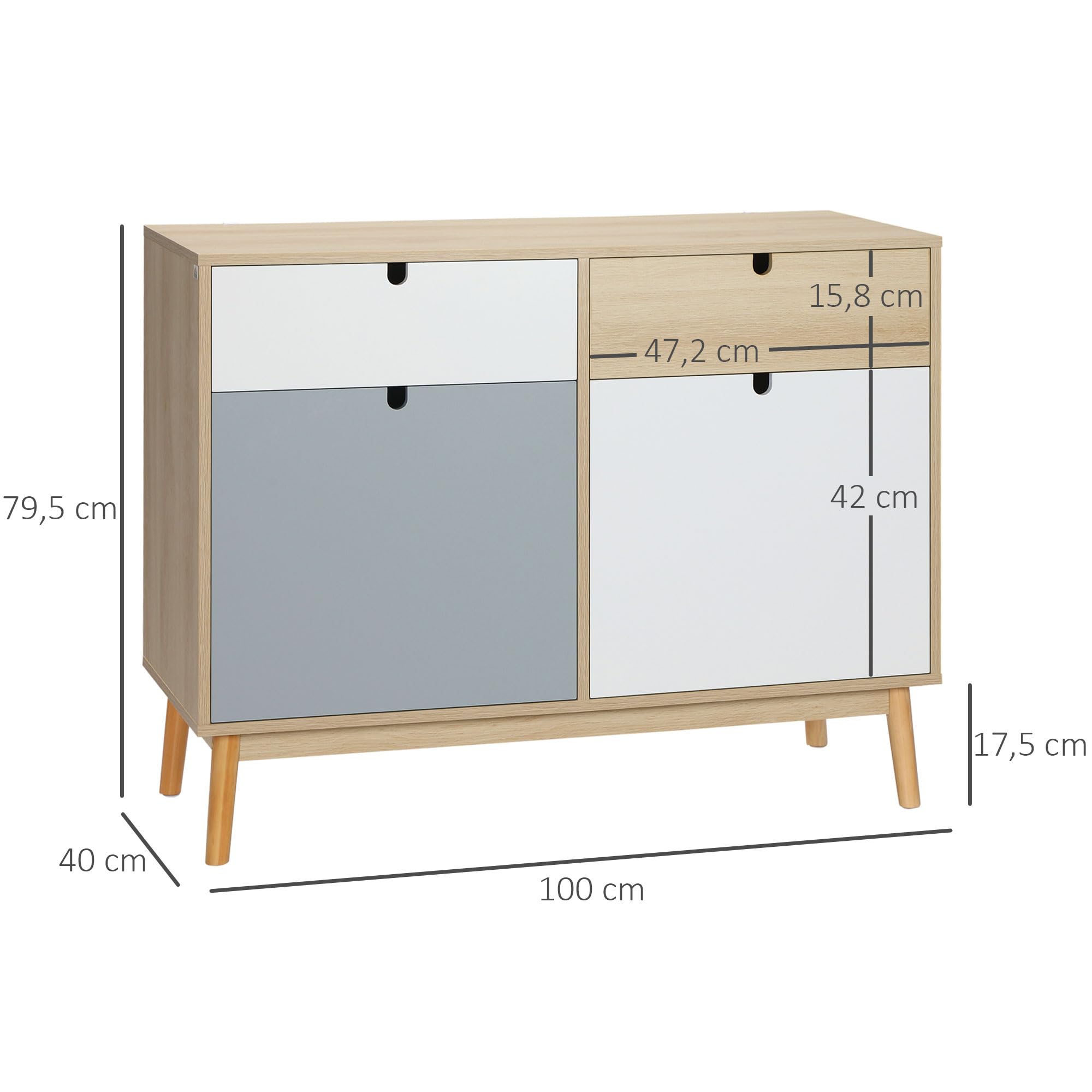 HOMCOM Aparador Auxiliar con 2 Armarios Cerrados 100x40x79,5 cm Multicolor | 2 Cajones, Mueble de Almacenamiento de Salón, Patas Elevadas de Madera de Pino, para Cocina Dormitorio Entrada