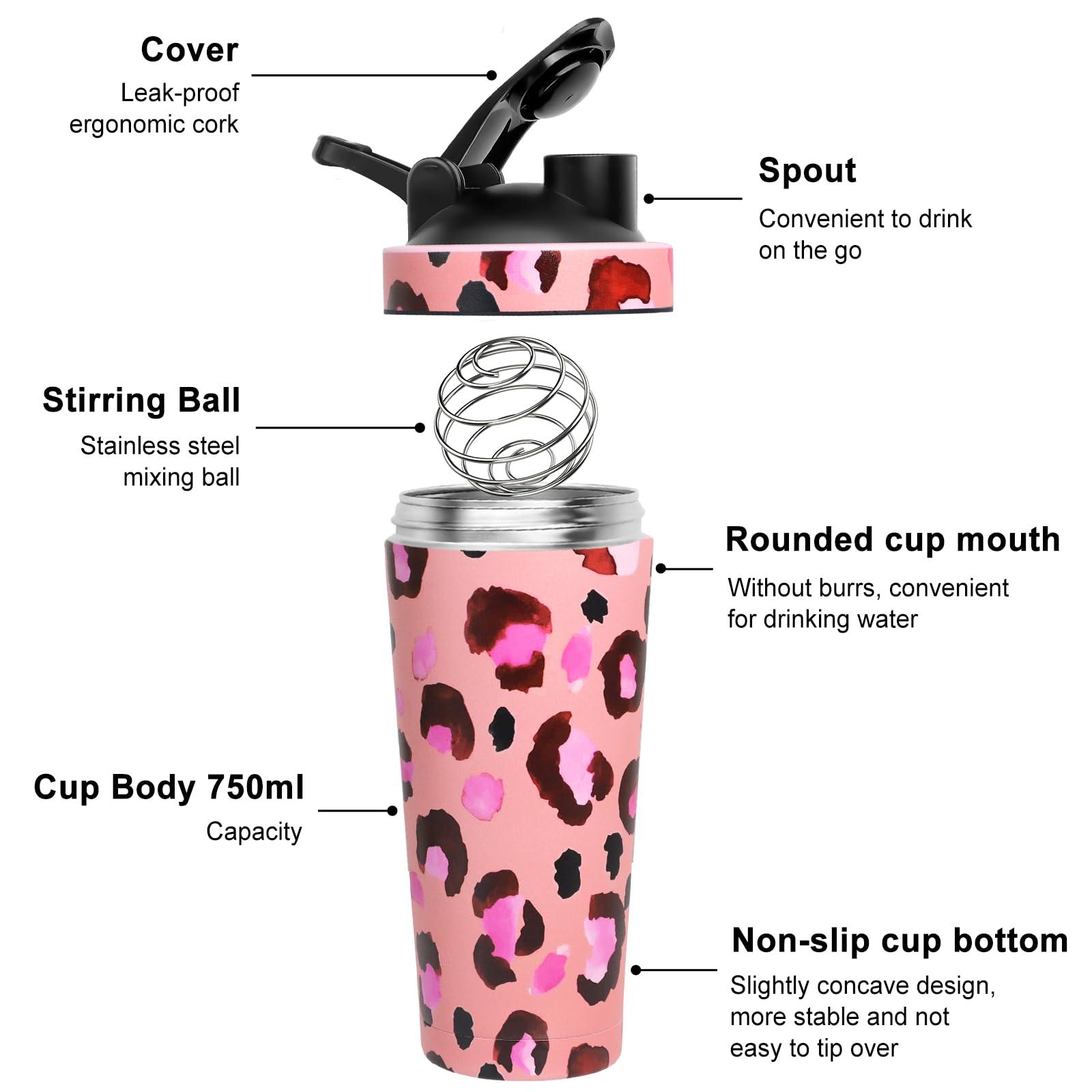 Eiweiß Shaker mit Kugel, 750ml Shaker Edelstahl, Protein Shake Edelstahl, Eiweißshaker, Tragbarer Workout Wasserbecher, BPA Free/Leak Proof, für Sport, Fitness, Eiweiß