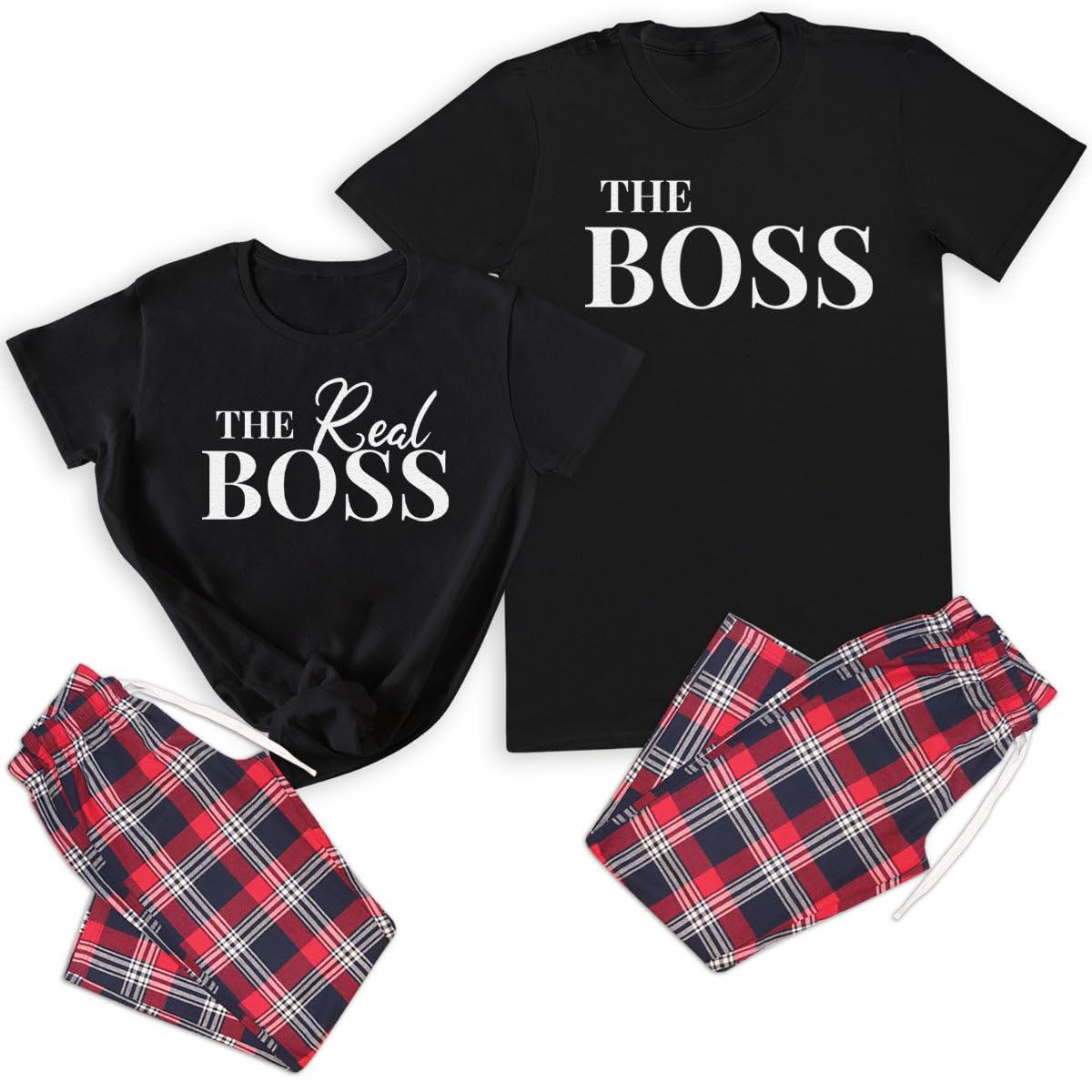 The Gift Project Unisex Black The Boss & The Real Boss - Couples Matching Pyjamas - Top & Tartan Pj Bottoms - (Sold Separately)