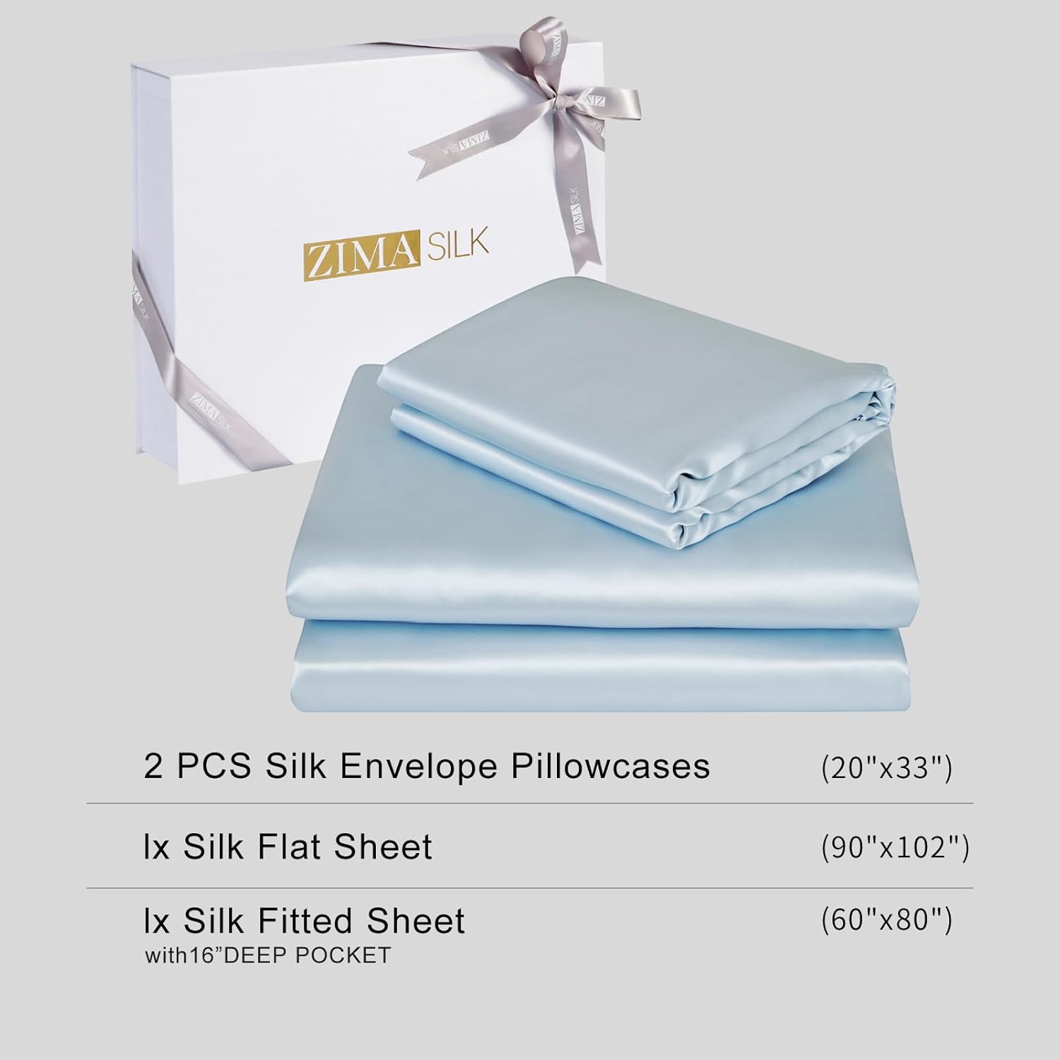 ZIMASILK 4 Pcs 100% Mulberry Silk Bed Sheet Set,All Side 19 Momme Silk (Queen, Light Blue)