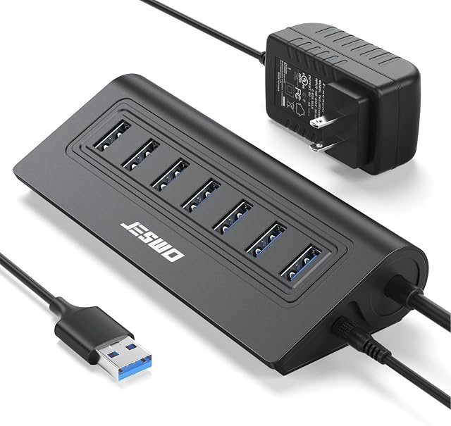 Alimenté USB Le centre, JESWO 7-Port USB 3.0 Hub, aluminium USB Hub de données 3.3ft Câble, USB Hub 3.0 Propulsé avec 5V/4A Adaptateur d'alimentation pour MacBook, Carnet PC, Clés USB, Mobile HDD et plus (Noir)