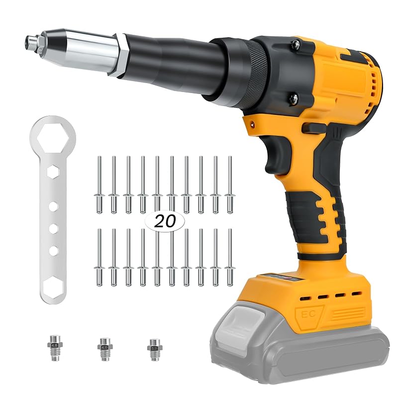 Rebitador elétrico sem fio LouSdZoke com motor brushless, compatível com bateria DeWalt 20V MAX, para rebites de 3,2 mm, 4 mm e 4,8 mm, modelo Rivet01