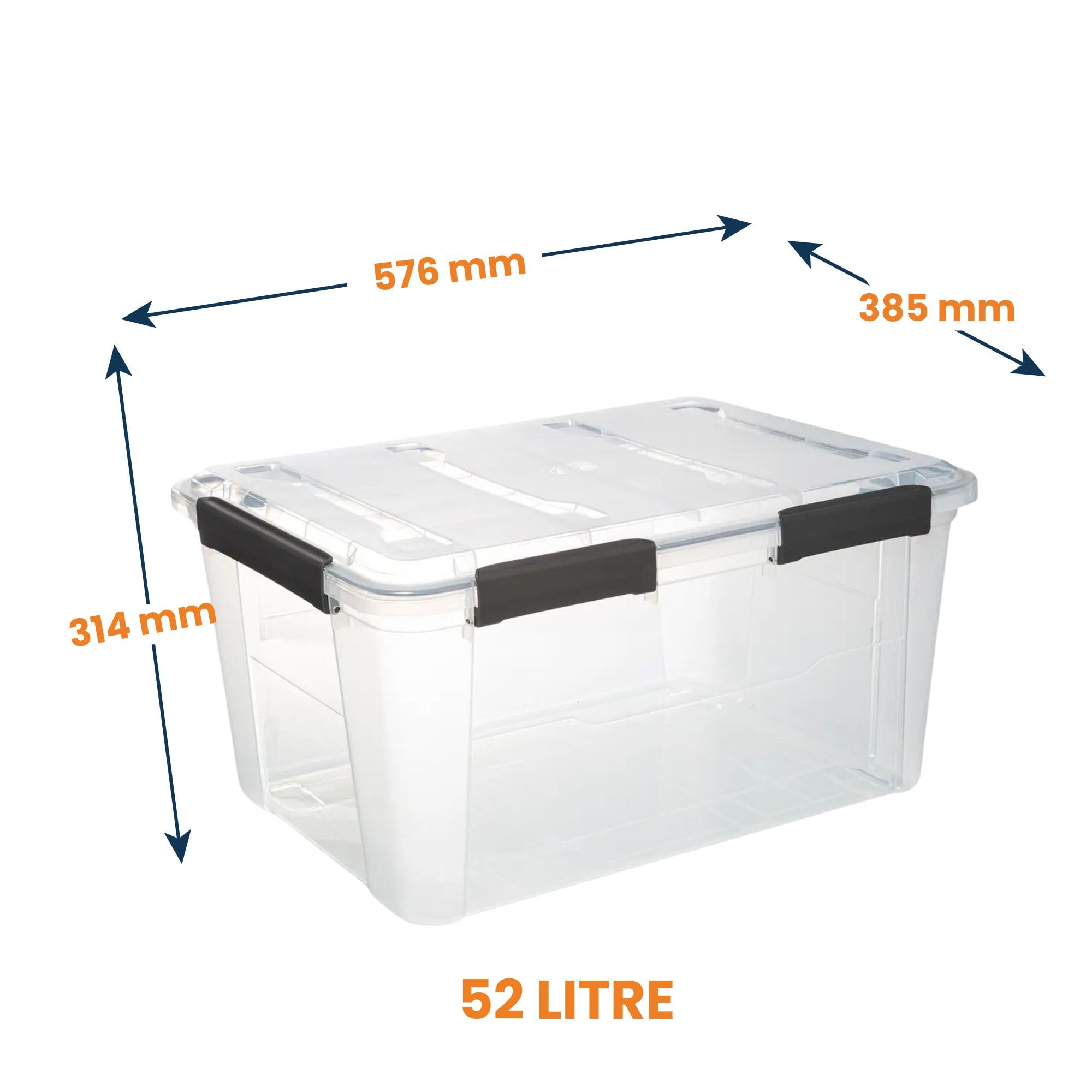 Transparenter robuster Aufbewahrungsbehälter mit Deckel, stapelbare Kunststoffbehälter mit Griffen, BPA-frei, vielseitig einsetzbar für Küche, Speisekammer, Büro oder Garage (4, 52 Liter)