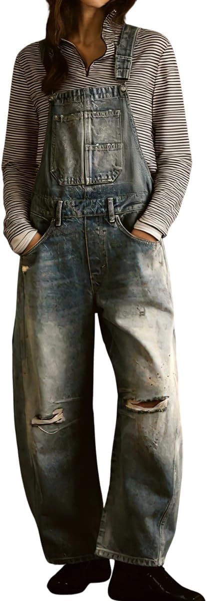 CHOUYATOU Women's 2026 Baggy Adjustable Strap Denim Bib Overall Distressed Wide Leg Barrel Jeans Overall Jumpsuits