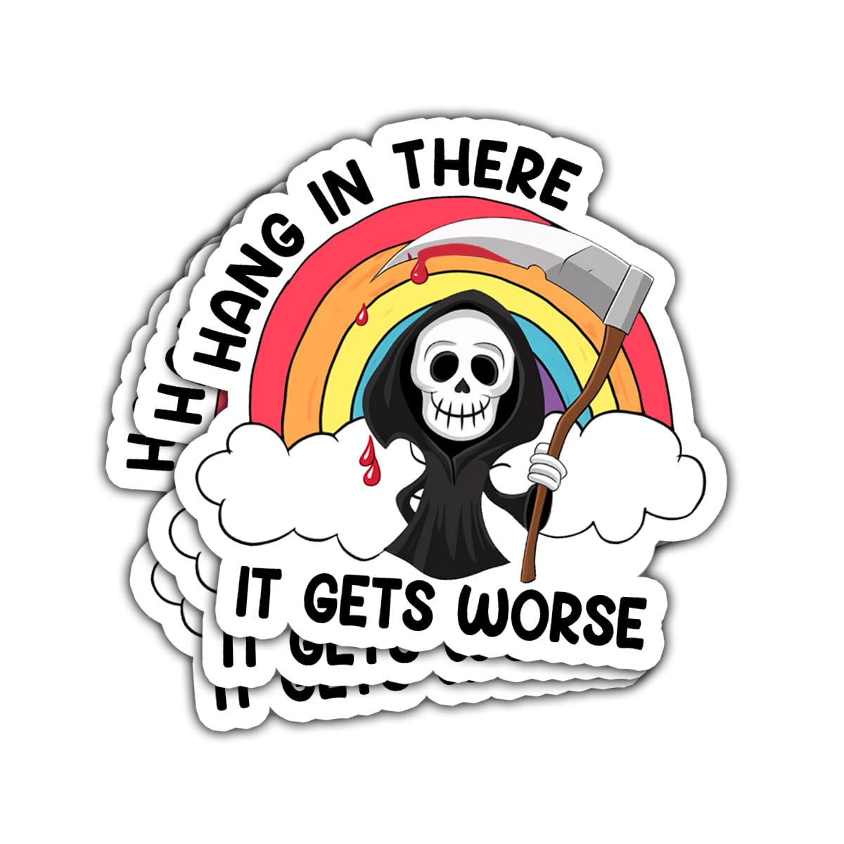 3 Pcs Hang in There It Gets Worse Sticker, Cute Grim Reaper Creepy Cute Mental Health Sarcastic Joke Rainbow Hang in There It Gets Worse Stickers for Laptop Bottle Phone Car Helmet 3"x3"