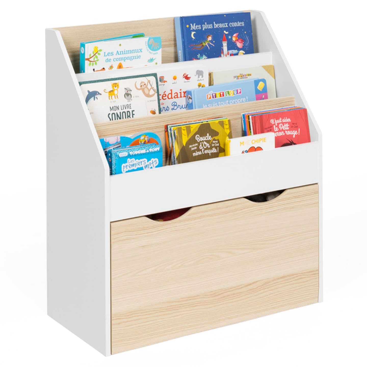 IDMarket - Meuble de Rangement bibliothèque Enfant Mana 3 étagères et 1 bac sur roulettes Blanc et hêtre