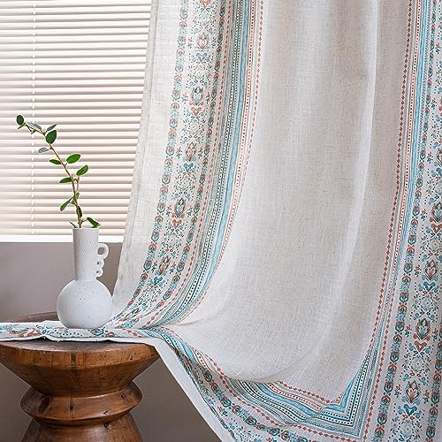 Image of MYSKY HOME Linen Sheer Curtains 63 Inch Length for Bedroom Boho Farmhouse Curtains Decorative Window Treatment Draperies Back Tab for Kitchen /Nursery /Bathroom, 50 inch Wide, Teal, 2 Panels