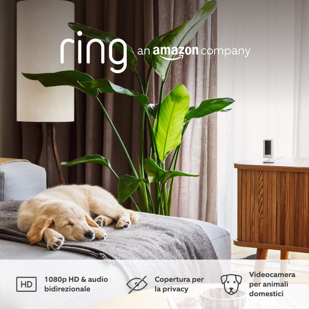 Ring Videocamera interna (Indoor Cam 2a gen.) + Cavo di alimentazione USB-A verso Micro-USB da 3 metri | Telecamera per animali domestici, audio bidirezionale | Ring Home: 30 gg. prova gratuita