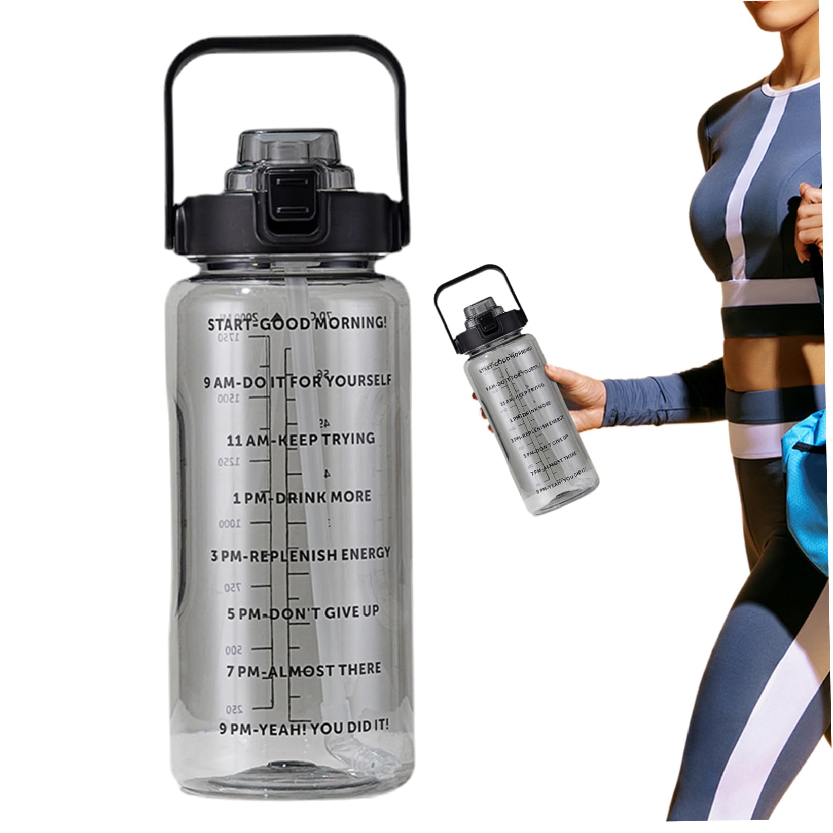 NASSMOSSE 2L Water Bottle, Large Capacity Sport Water Bottle with Scale & Handle, Leakproof PC Drinking Cups for Fitness, Camping, Hiking, Running and Travel