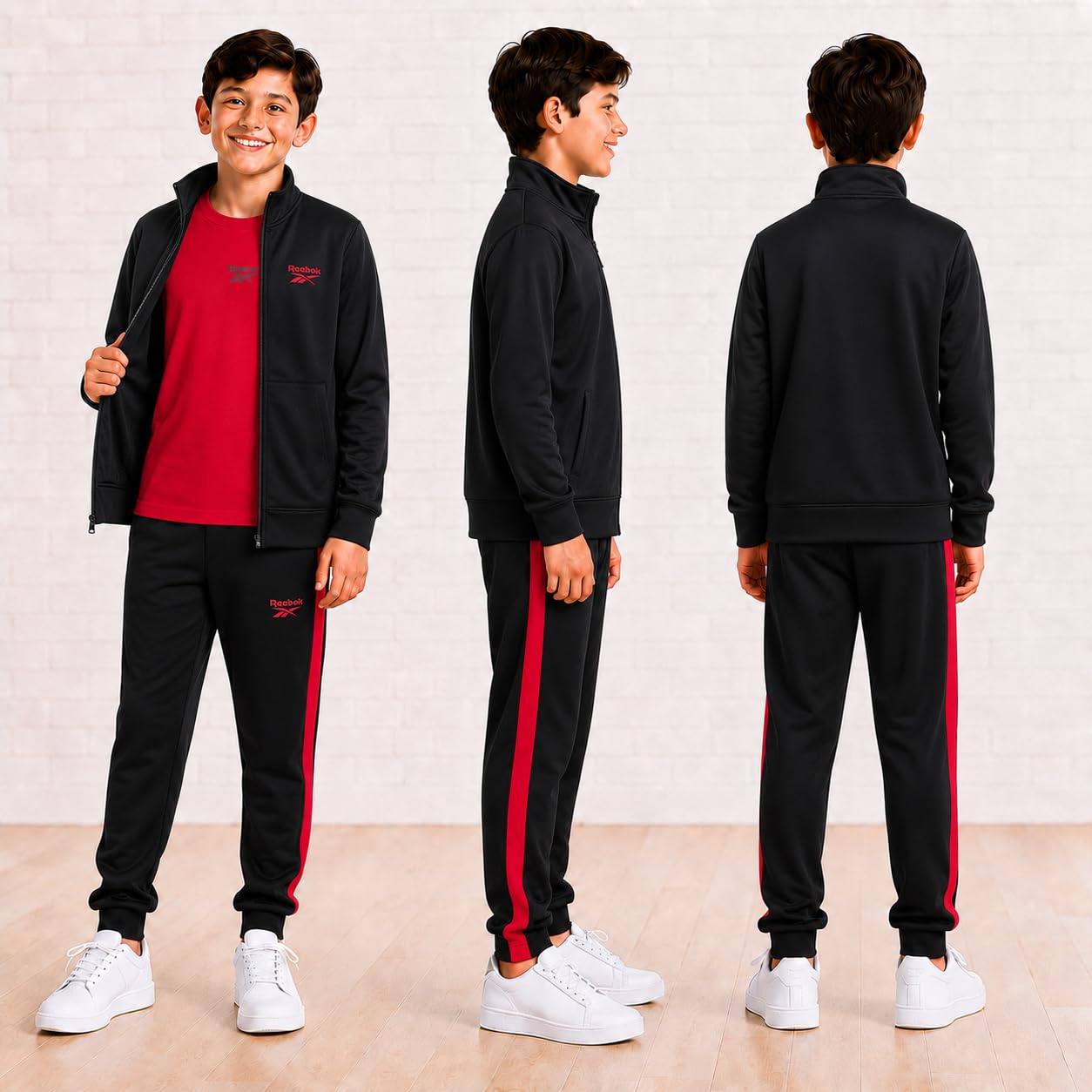 Reebok Set da jogging per ragazzi, 3 pezzi, tuta sportiva con giacca, maglietta e pantaloni della tuta da jogging per ragazzi