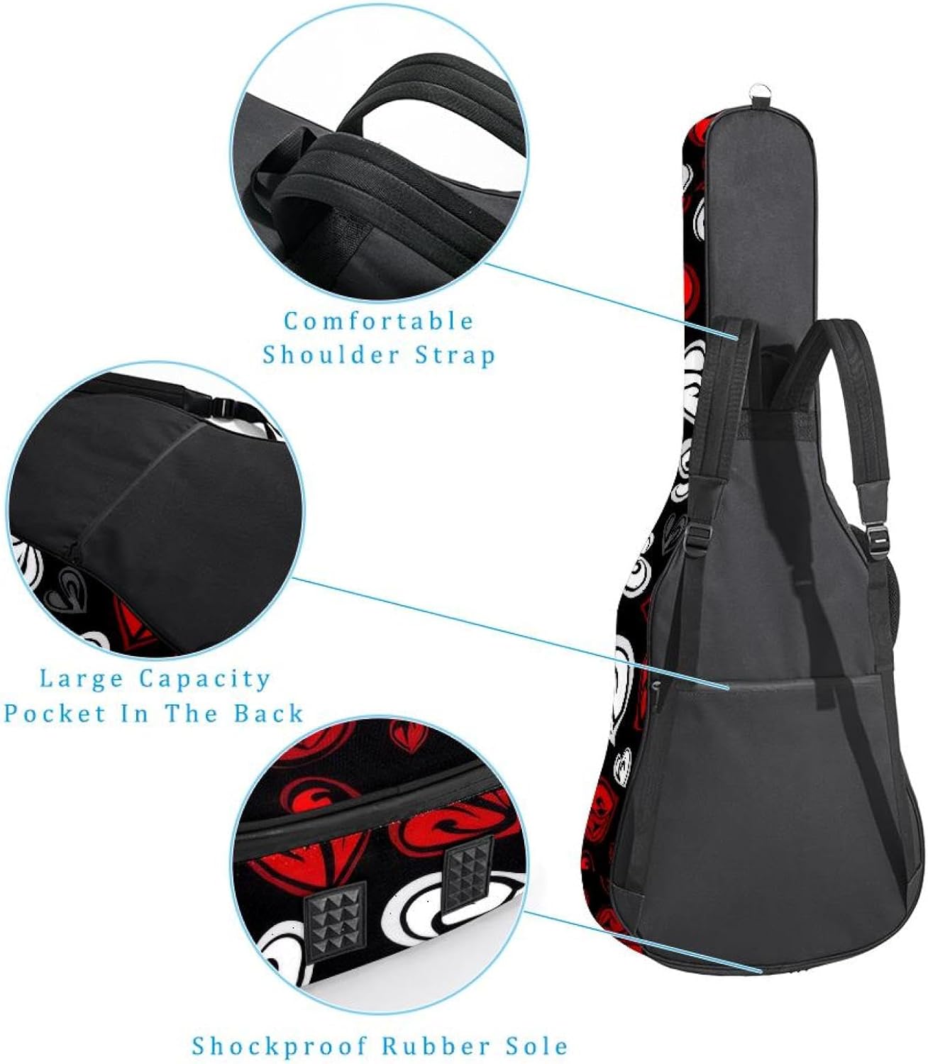 40 41 42 Inch Acoustic Guitar Bag, 0.4 In Thick Sponge Padded Guitar Case Gig Bag with Back Hanger Loop and 2 Pockets, White and Red Hearts