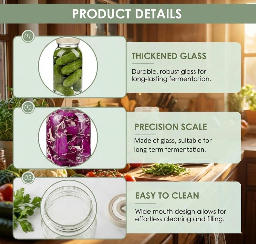 Barattolo per fermentazione, contenitore per kimchi, confezione da 2 barattoli da 2L con chiusura per fermentazione e indicatore di data, per crauti, kimchi, sottaceti e starter per pasta