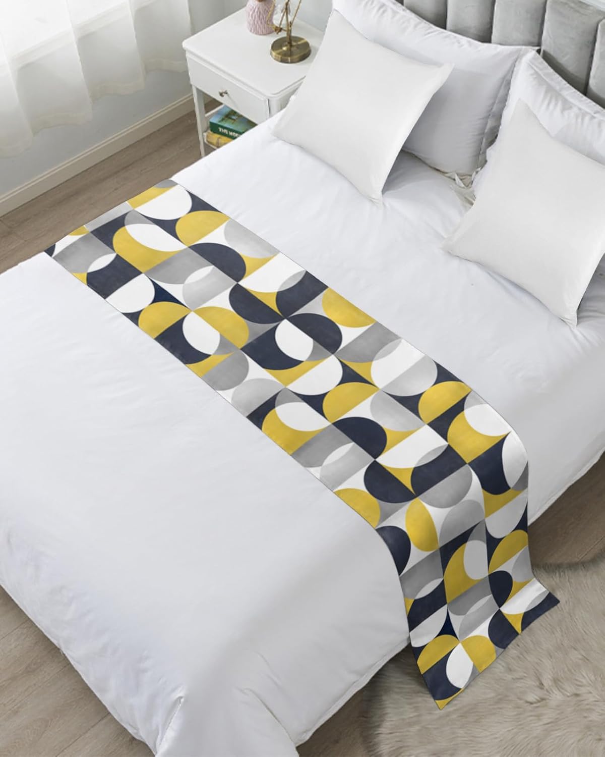 Teamery Bed Runners & Scarves, Retro Medieval Geometric Pattern Yellow and Black Bed Runner, Bed Scarf Protector Decorative Accent Bedding Scarf for Hotels Homes and Guestrooms, 102 x 20 inches