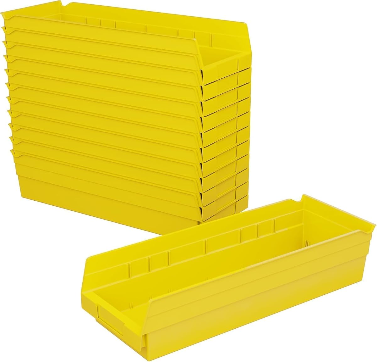 30138 Heavy Duty Plastic Shelf Bins, 18"x 6.5"x 4", Yellow, 12-Pk | Heavy Duty Nesting Storage Bins for Garage, Closet, Refrigerator, Kitchen, Cabinet, Drawer Organization, Pantry Organization