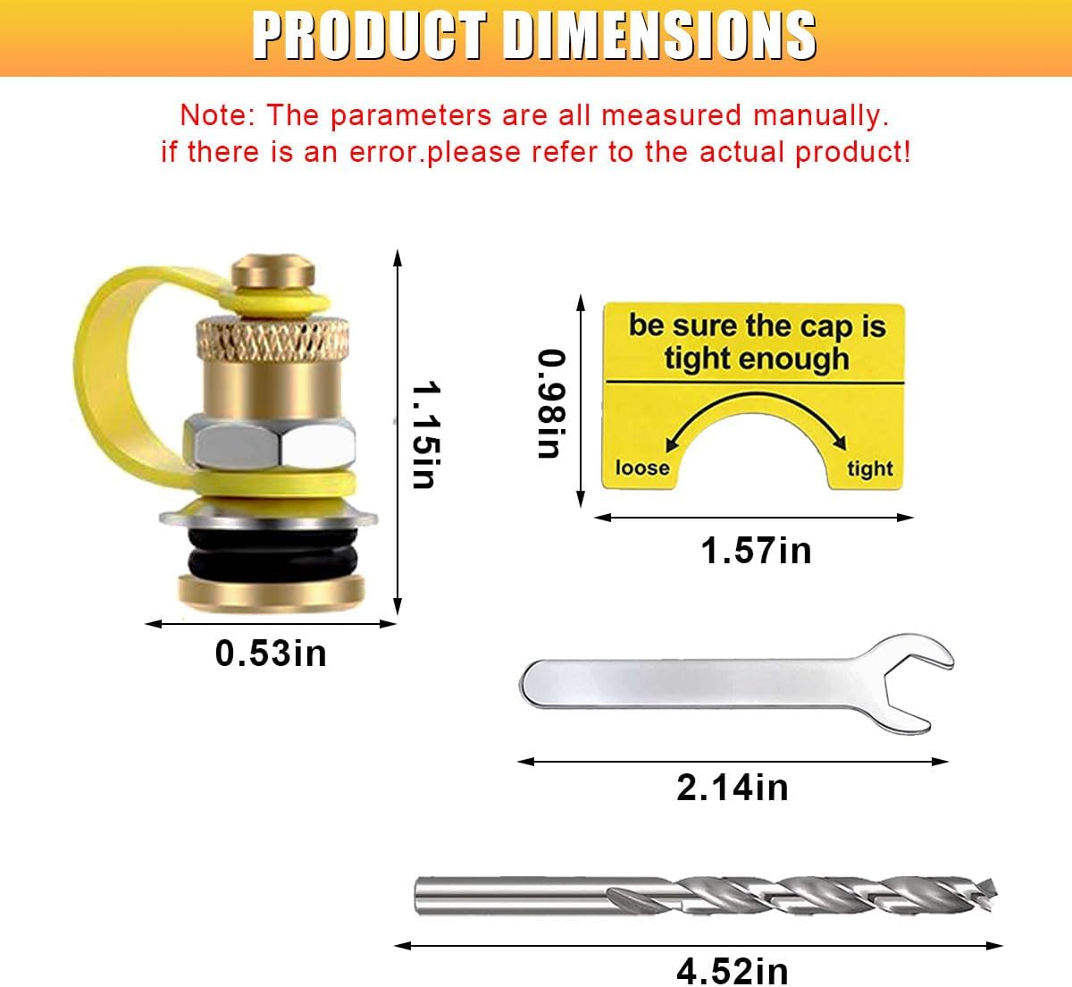 6PCS Fuel Gas Can Vent Caps, Metal Fuel Tank Replacement Vents Plug Kit with Wire, Wrench, Drill and Warning Stickers, Gas Jug Exhaust Vent Caps for Enhanced Faster Flowing