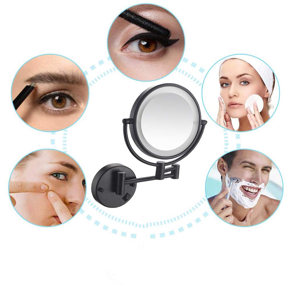 LED Wall Mount Makeup Mirror with 5X Magnification 8-Inch Lighted, 360°Swivel 12" Extension Two-Side Retractable Makeup Mirror with Matte Black Finish for Bathroom Bedroom