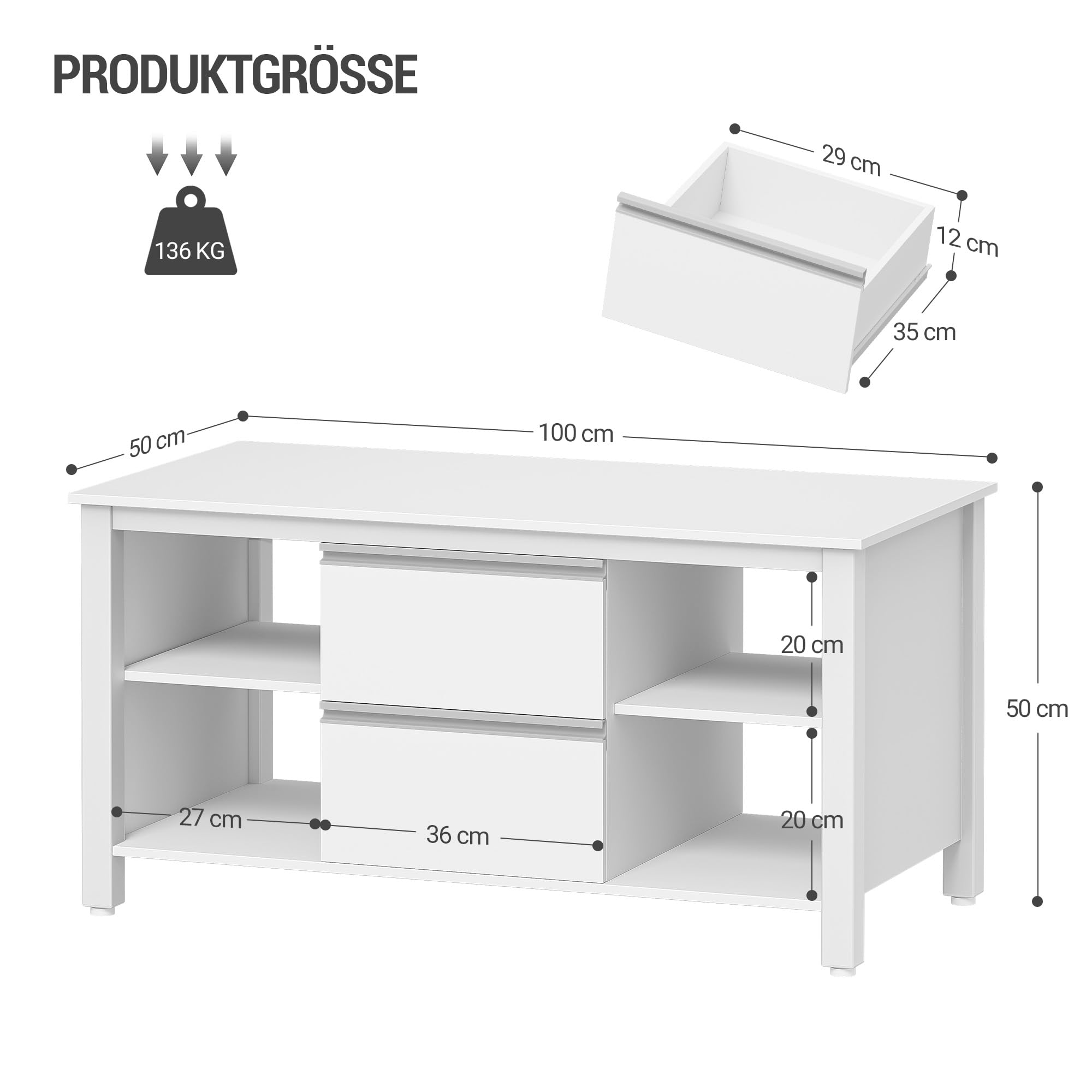 Hzuaneri Couchtisch, Wohnzimmertisch, Stahlbeine, Weiß | mit 2 Schubladen und 4 offenen Fächern, Sofatisch, für das Wohnzimmer, 50 x 100 x 50 cm, CT22003W