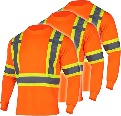 FONIRRA Paquete de 3 camisetas de seguridad de manga larga reflectantes de alta visibilidad, camisas de trabajo de construcción ANSI Clase 3 para