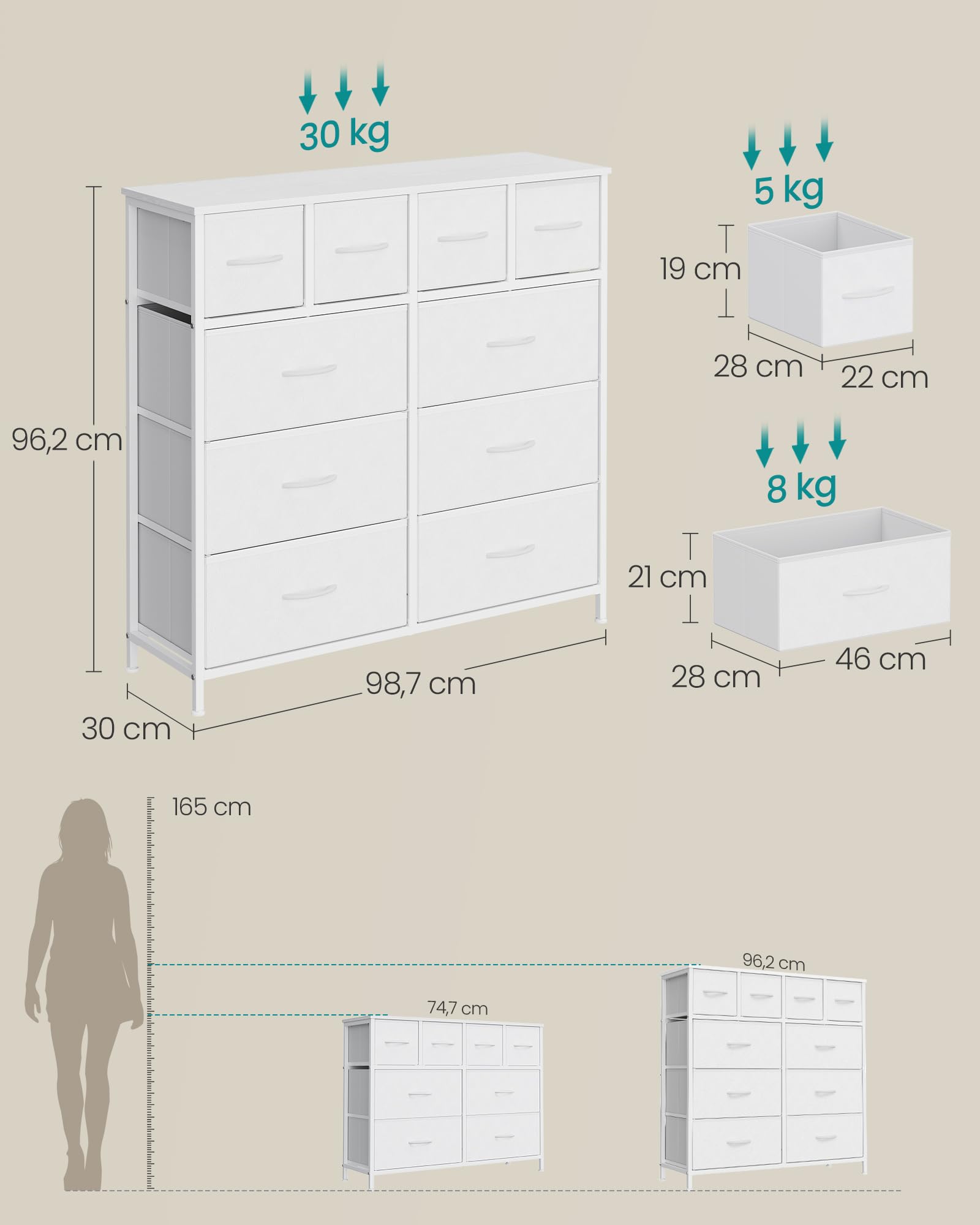 SONGMICS Cómoda, Cajonera con 10 Cajones de Tela, Organizador de Almacenamiento, Estructura de Acero, 98,7 x 30 x 96,2 cm, para Dormitorio, Salón, Pasillo, Nube Blanca, Colección BELLAH LGS236W101