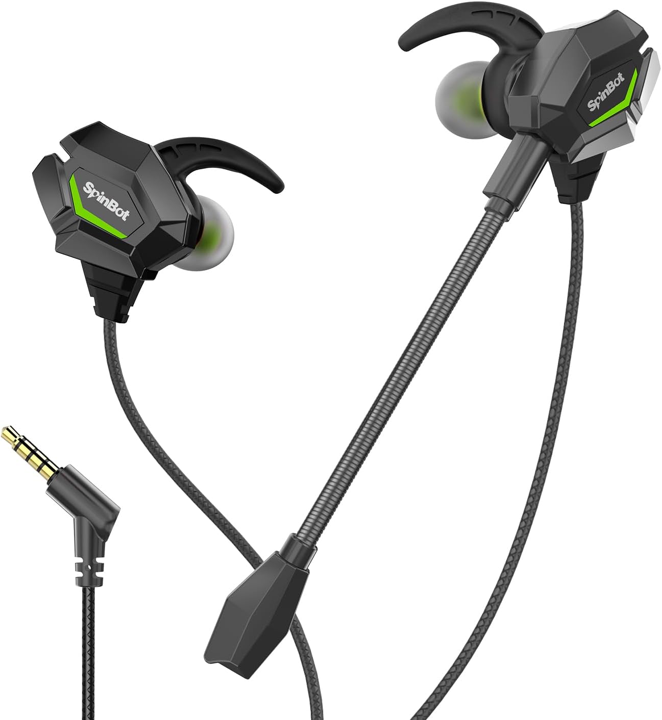 Spinbot BattleBudz W20 Gaming Wired Earphones with Dual Mic | Detachable Boom Mic, 10mm Gaming-Tuned Drivers, Shark Fin Eartips for Mobile, PC/Laptop, Xbox One, PS4, PS5 (Green)
