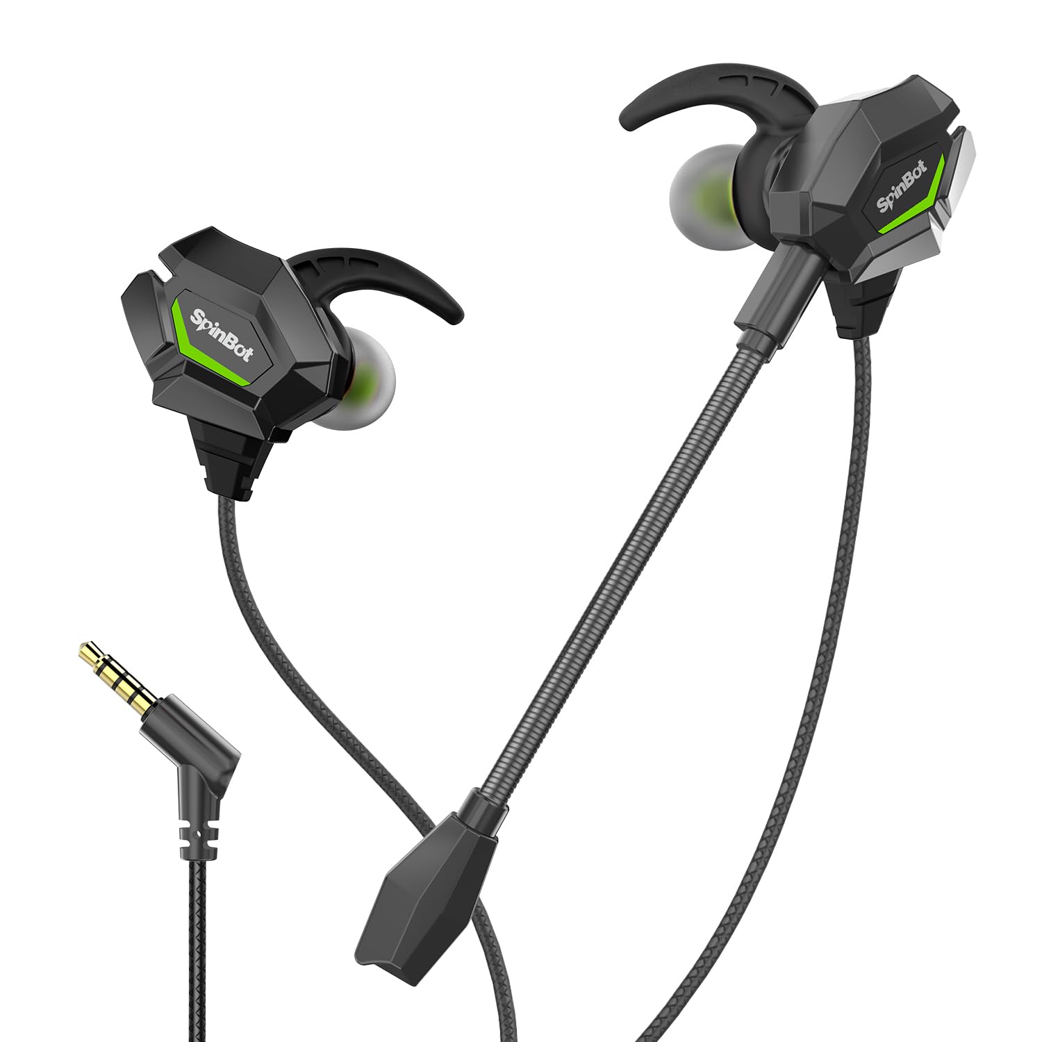 SpinBot BattleBudz W20 Gaming Wired Earphones with Dual Mic | Detachable Boom Mic, 10mm Gaming-Tuned Drivers, Shark Fin Eartips for Mobile, PC/Laptop, Xbox One, PS4, PS5 (Green)-image-2