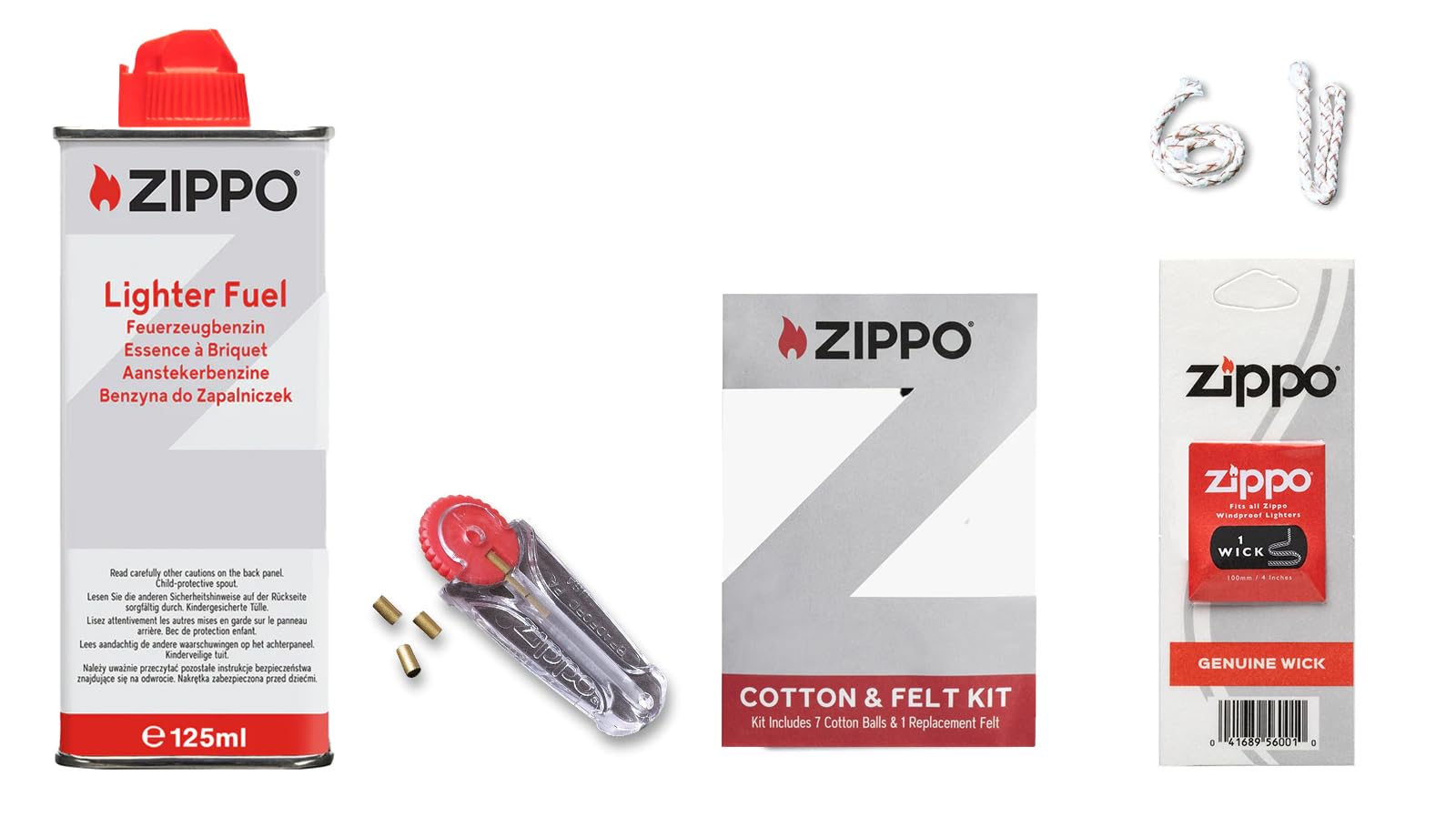 Zippo Akcesoria – zestaw startowy – składa się z 1 x oryginalnej benzyny do zapalniczek Zippo 125 ml, 1 x knot zapasowy, 6 x krzesiwo, 1 x wata i olej