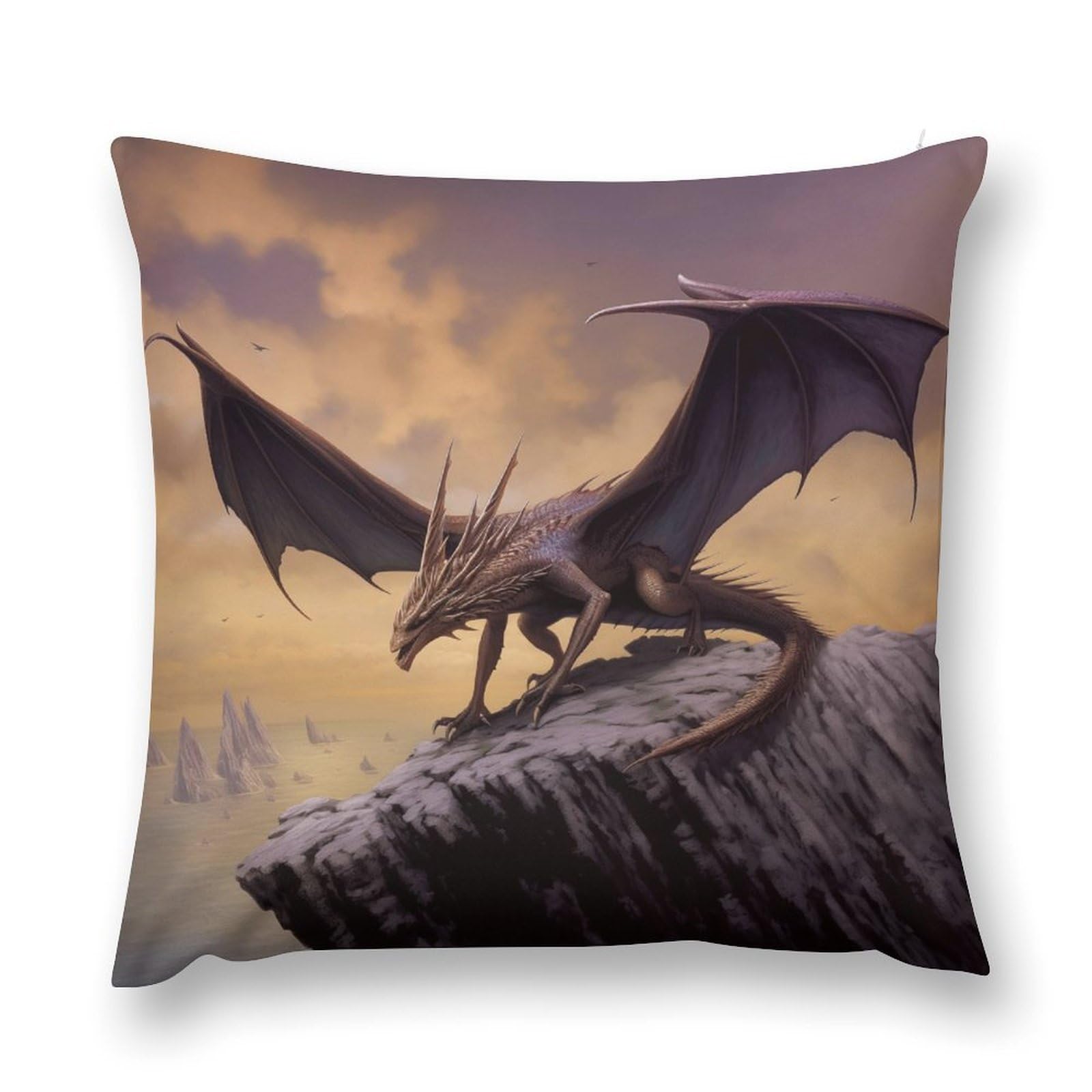 moderw Kids Fantasy Dragon Throw Pillow Cover, Dreamy Dragons Pillowcases Dinosaur on Rocks Giant Animals Couch Sofa Cushion Case for Home Decor Boys Bed 18x18inch