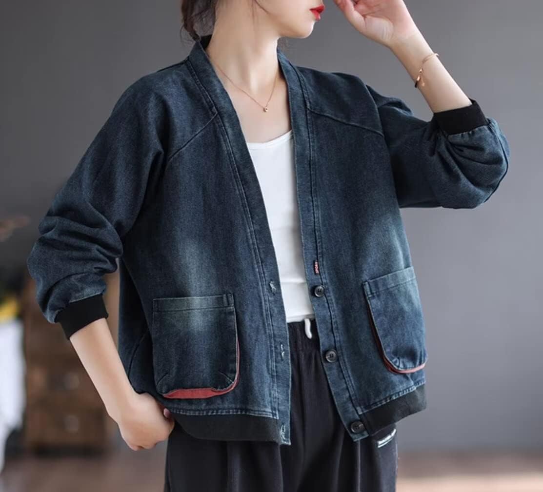 [HADWAO] ジャケット レディース デニム ノーカラー Vネック 羽織り カーディガン Gジャン デニムジャケット ミリタリー