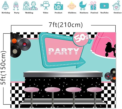 Miniatura 5 de DOTOOMA Decoración de fiesta mecedora de 7 x 5 pies de regreso a los años 50, telón de fondo de fotografía temática de los años 50, suministros de