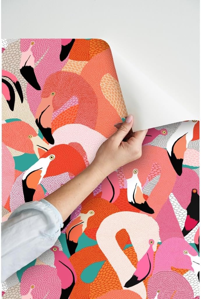 Peel & Stick Wallpaper 3ft x 2ft - Orange Pink Large Flamingo Bird Feathers Tropical Florida Coastal Collage Illustration Beach House Custom Removable Wallpaper by Spoonflower